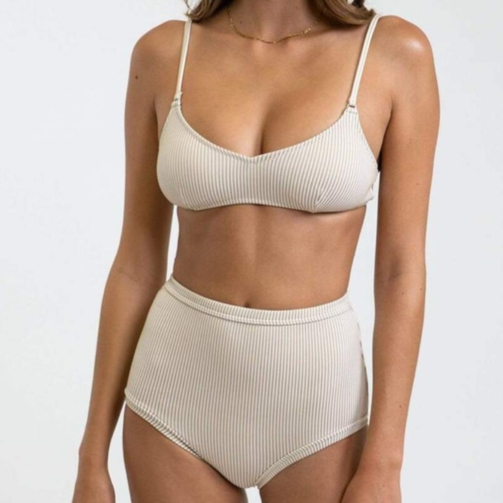 Free People Ribbed High-Waist Bikini Set in Light Beige
